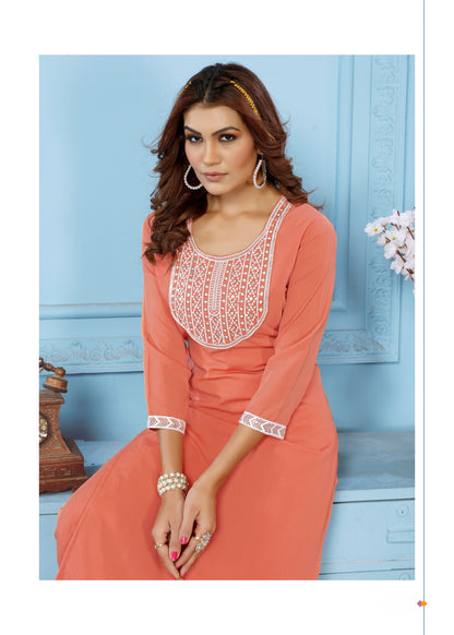 Orange Sequins Embroidered Cotton Blend Kurti Pant Set