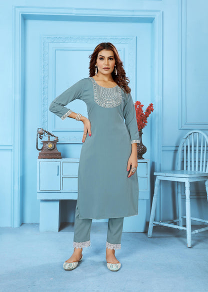 Grey Sequins Embroidered Cotton Blend Kurti Pant Set