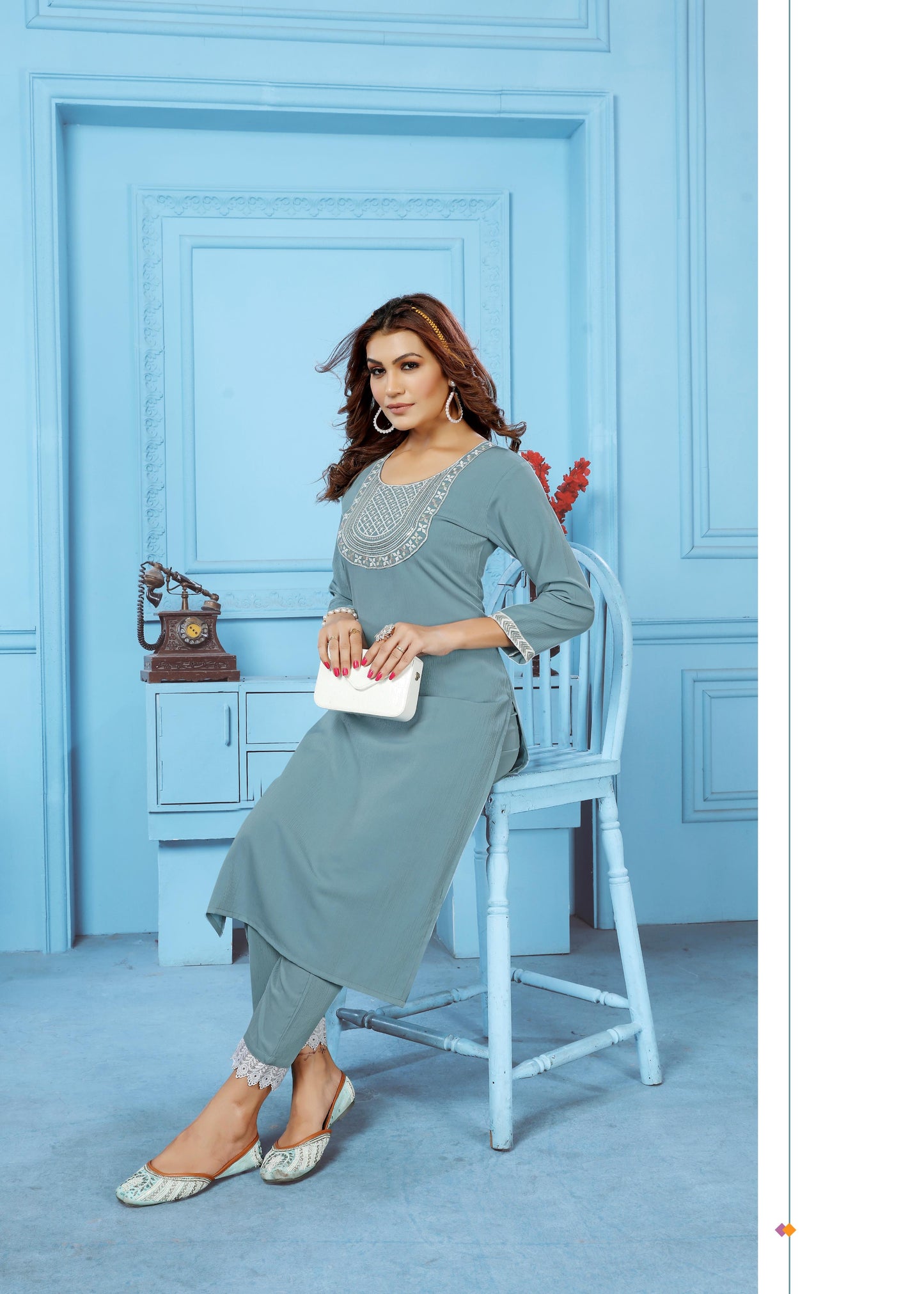 grey sequins embroidered cotton blend kurti pant set