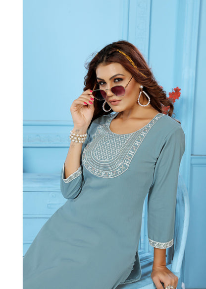 Grey Sequins Embroidered Cotton Blend Kurti Pant Set