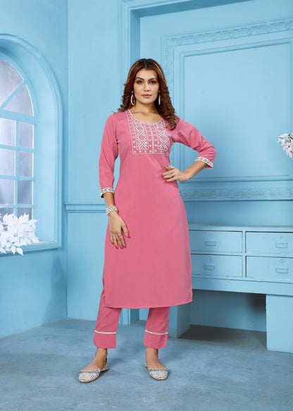 Pink Sequins Embroidered Cotton Blend Kurti Pant Set