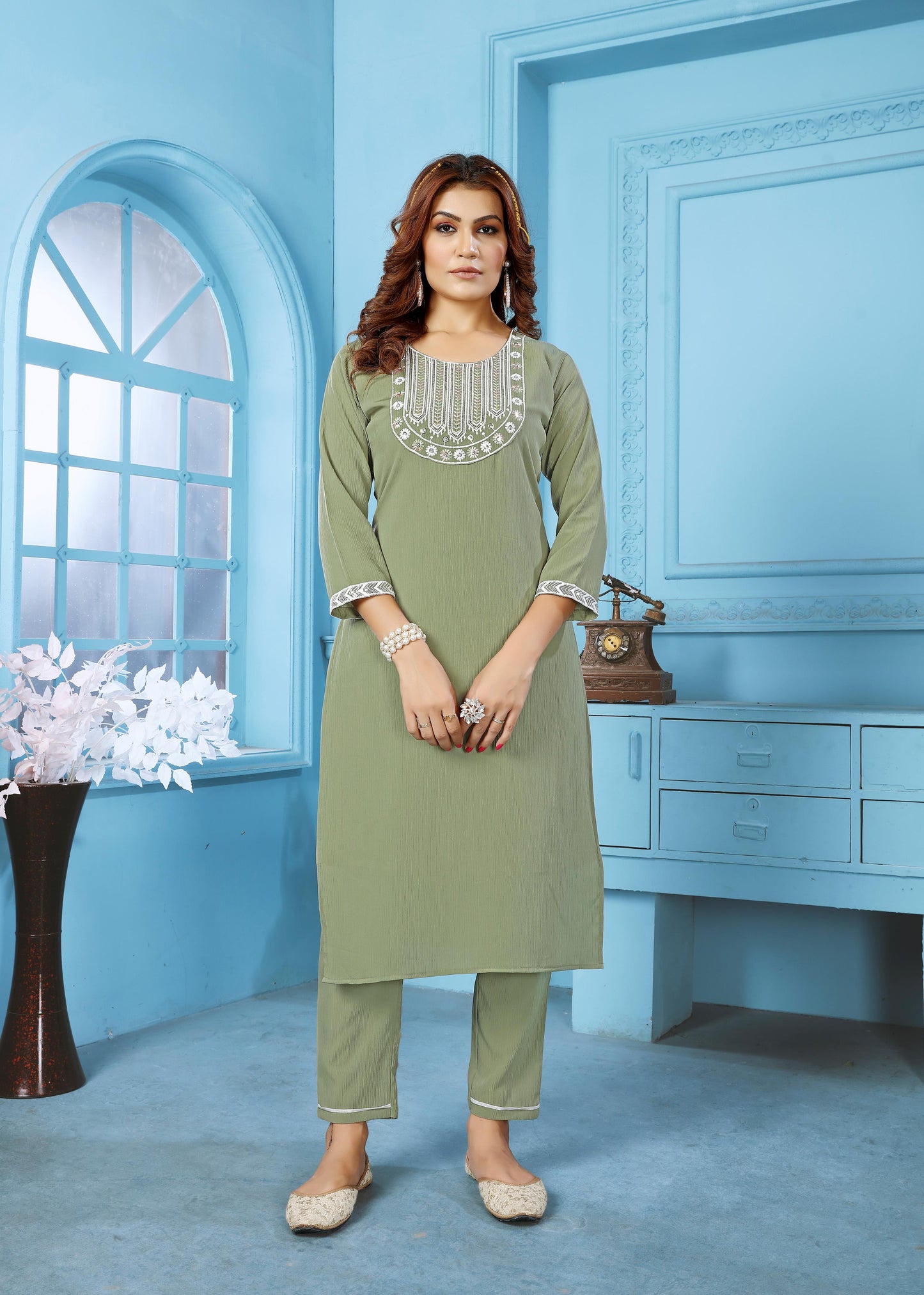 green sequins embroidered cotton blend kurti pant set