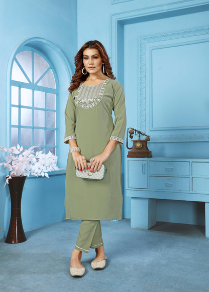 Green Sequins Embroidered Cotton Blend Kurti Pant Set