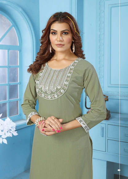 Green Sequins Embroidered Cotton Blend Kurti Pant Set