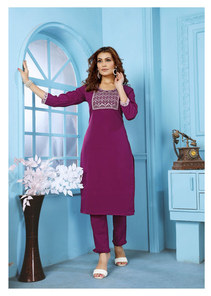 Purple Sequins Embroidered Cotton Blend Kurti Pant Set