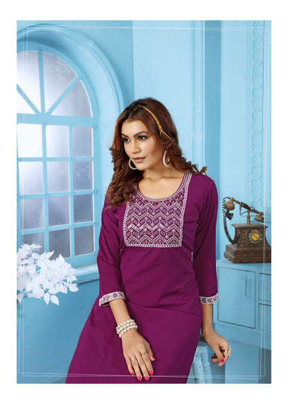 Purple Sequins Embroidered Cotton Blend Kurti Pant Set