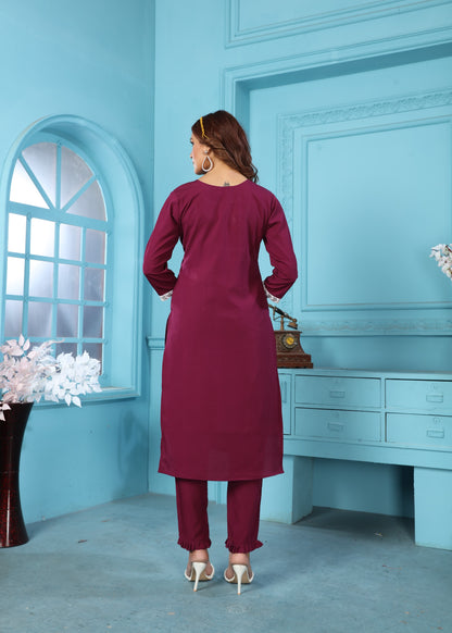 Purple Sequins Embroidered Cotton Blend Kurti Pant Set