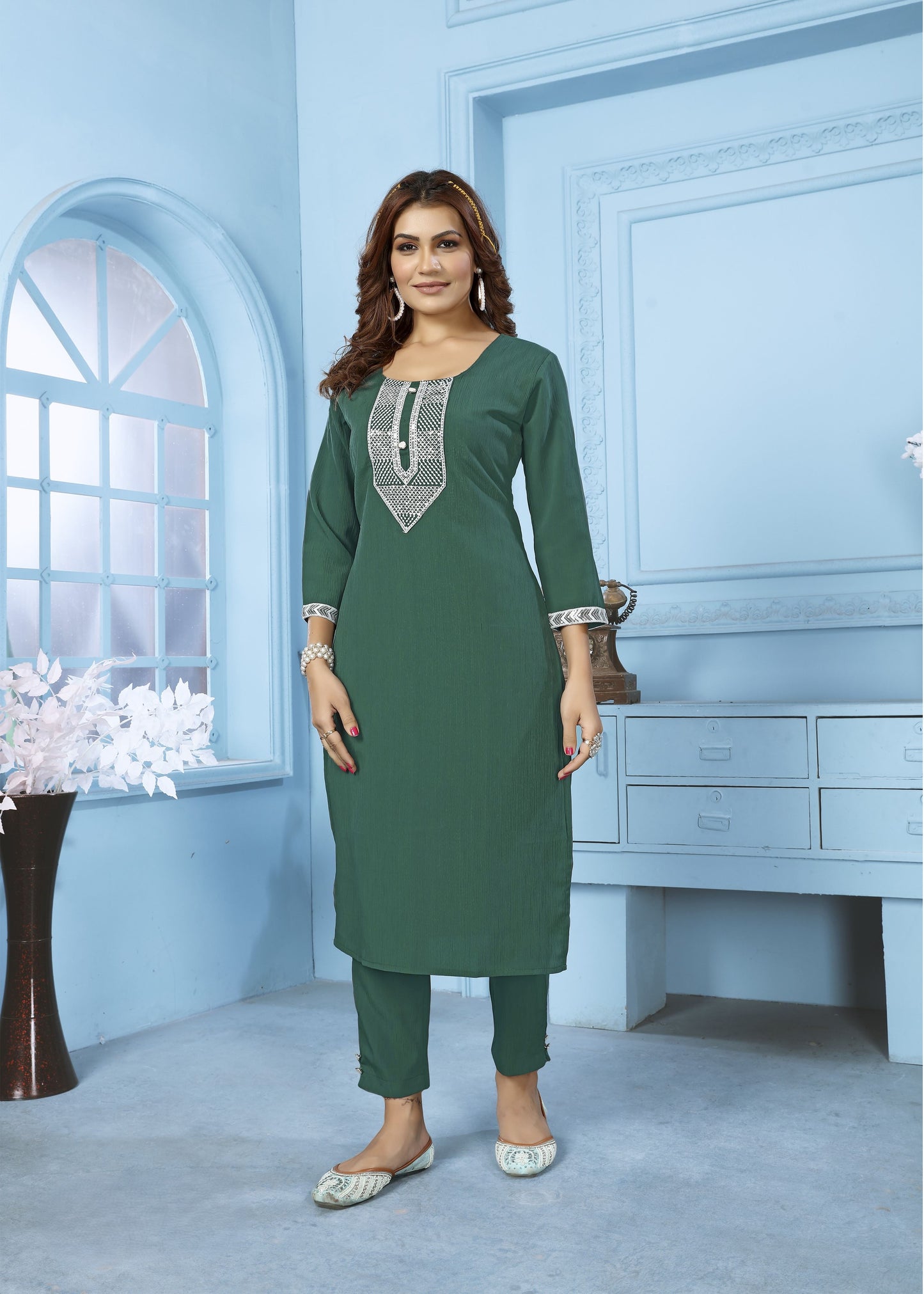 green sequins embroidered cotton blend kurti pant set