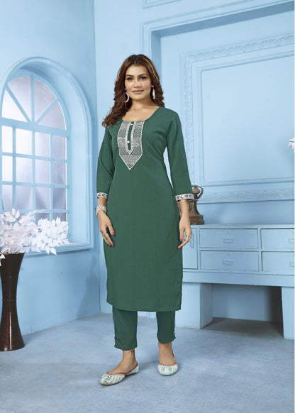 Green Sequins Embroidered Cotton Blend Kurti Pant Set