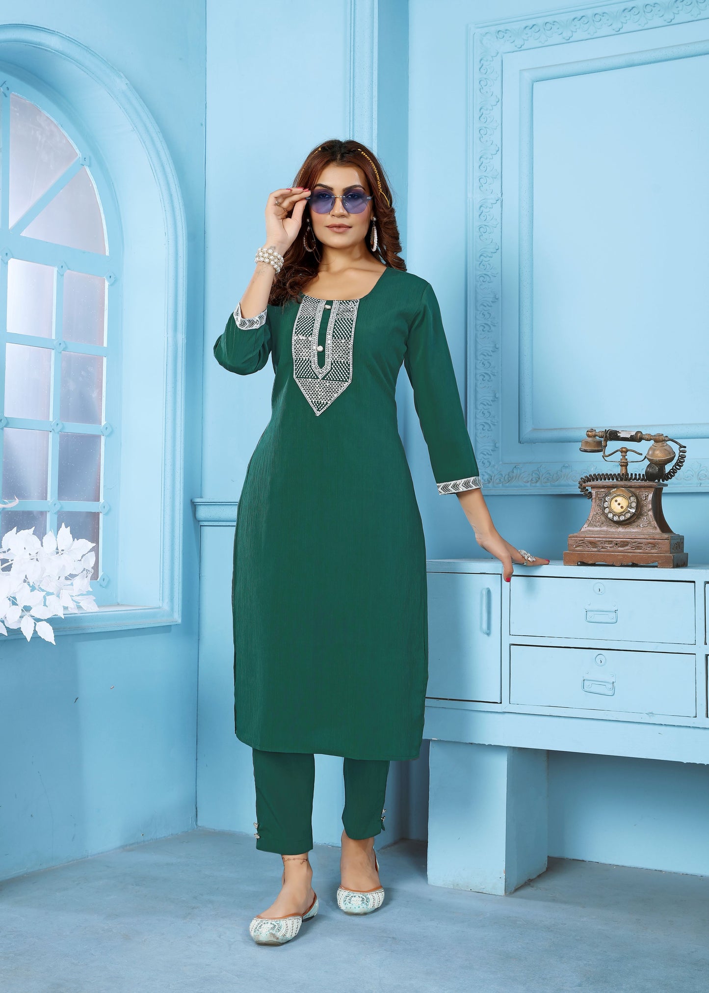 green sequins embroidered cotton blend kurti pant set