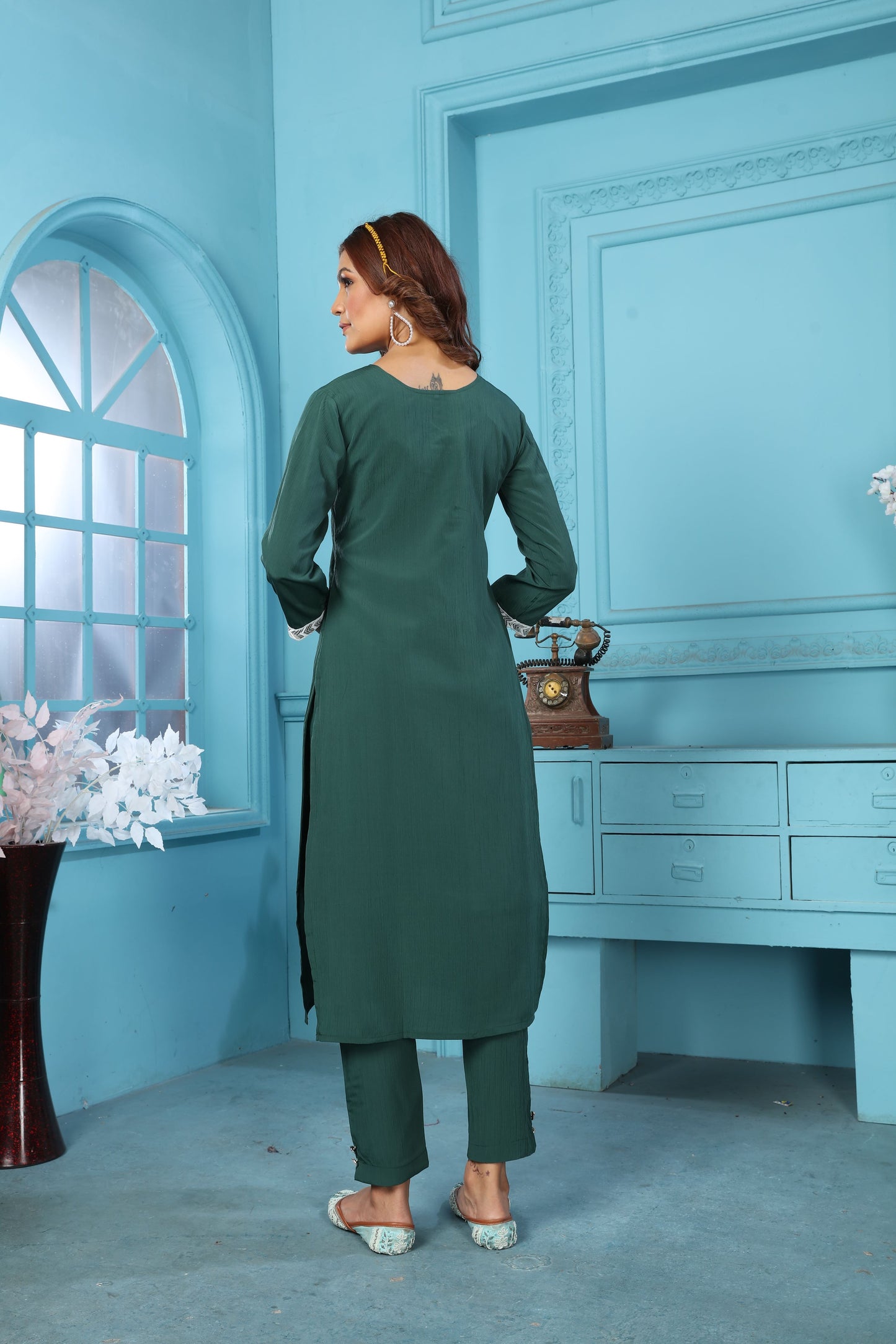 green sequins embroidered cotton blend kurti pant set