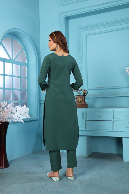 Green Sequins Embroidered Cotton Blend Kurti Pant Set