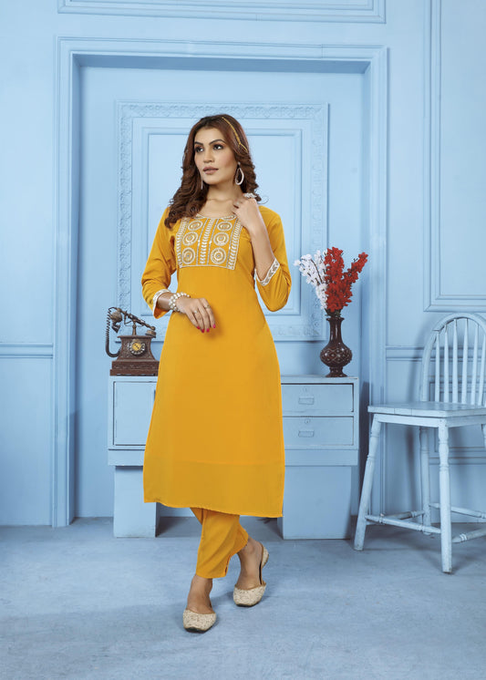 Yellow Sequins Embroidered Cotton Blend Kurti Pant Set