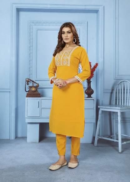 Yellow Sequins Embroidered Cotton Blend Kurti Pant Set