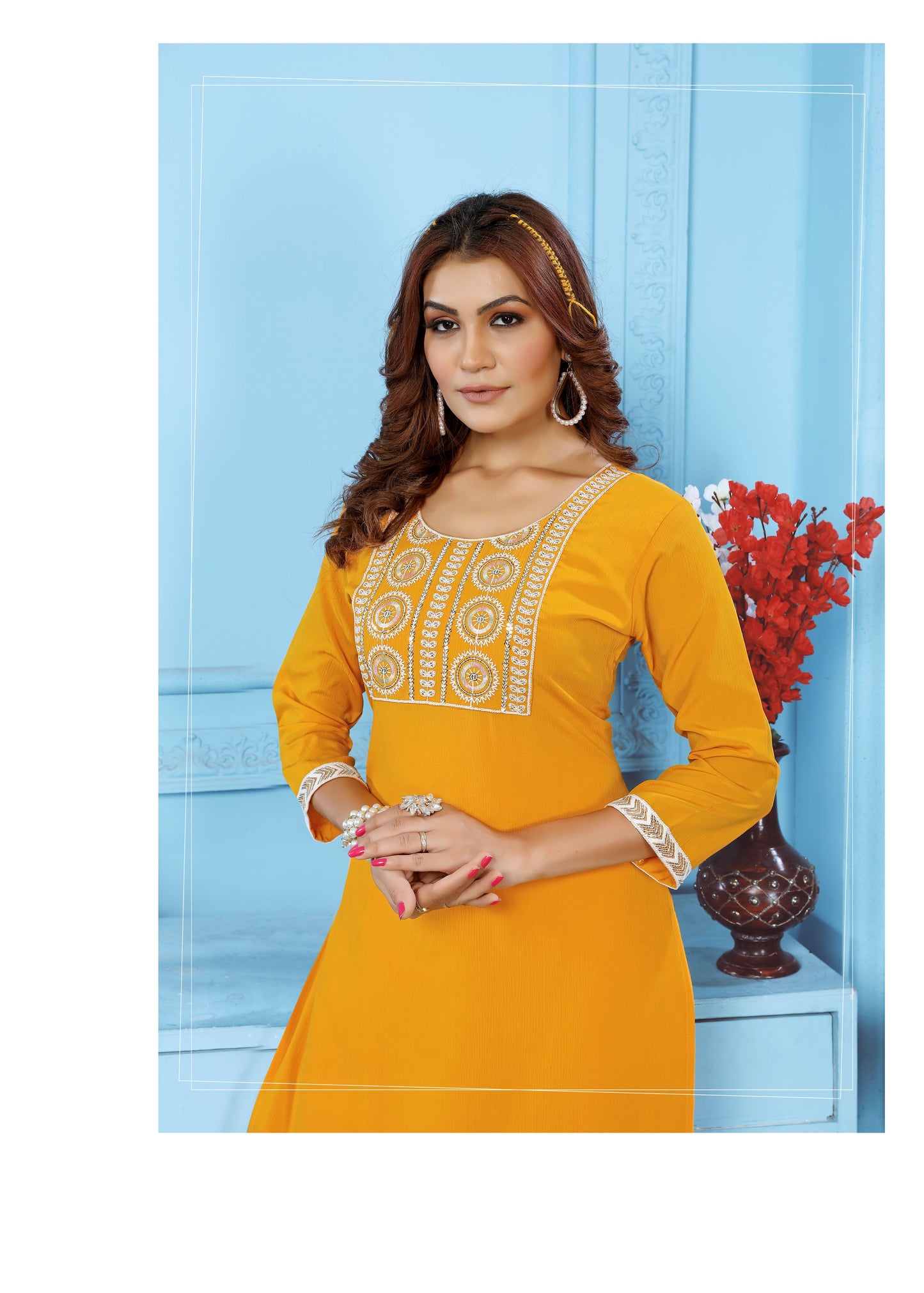 yellow sequins embroidered cotton blend kurti pant set