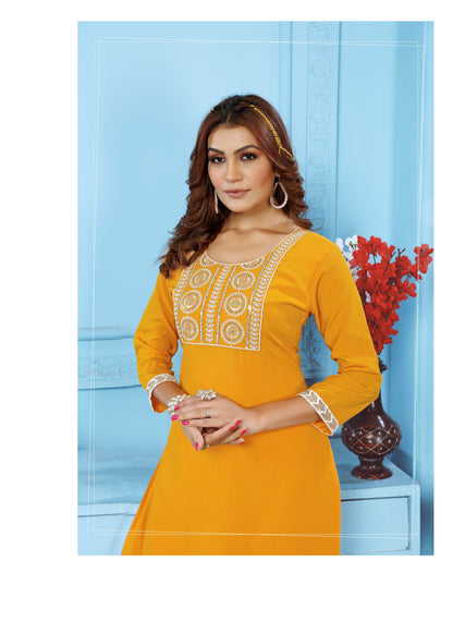 Yellow Sequins Embroidered Cotton Blend Kurti Pant Set