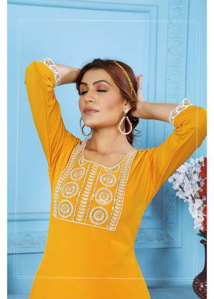 Yellow Sequins Embroidered Cotton Blend Kurti Pant Set
