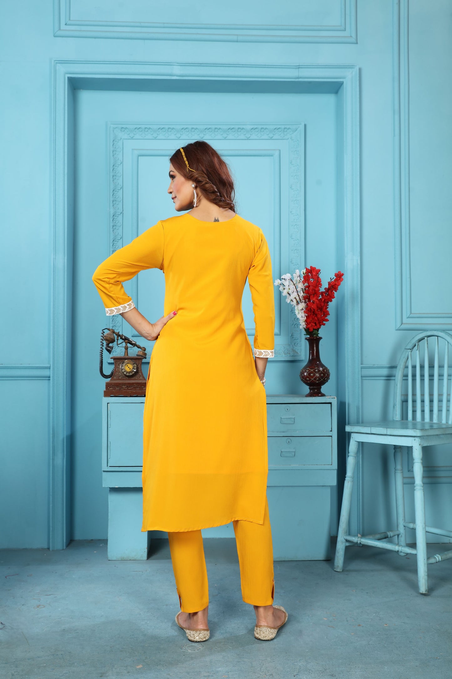 yellow sequins embroidered cotton blend kurti pant set