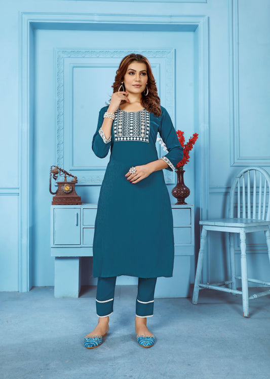 Morpich Sequins Embroidered Cotton Blend Kurti Pant Set