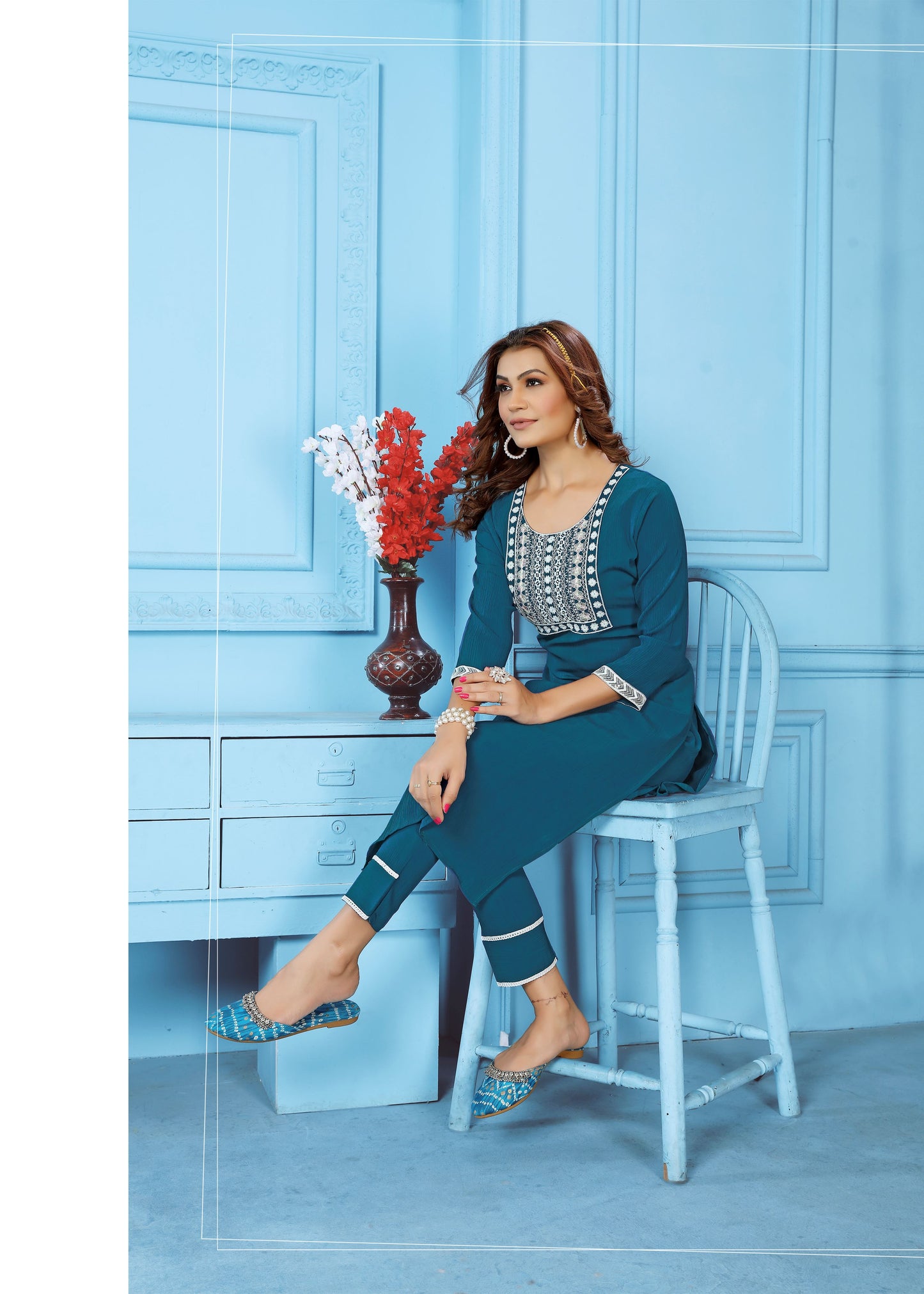 morpich sequins embroidered cotton blend kurti pant set