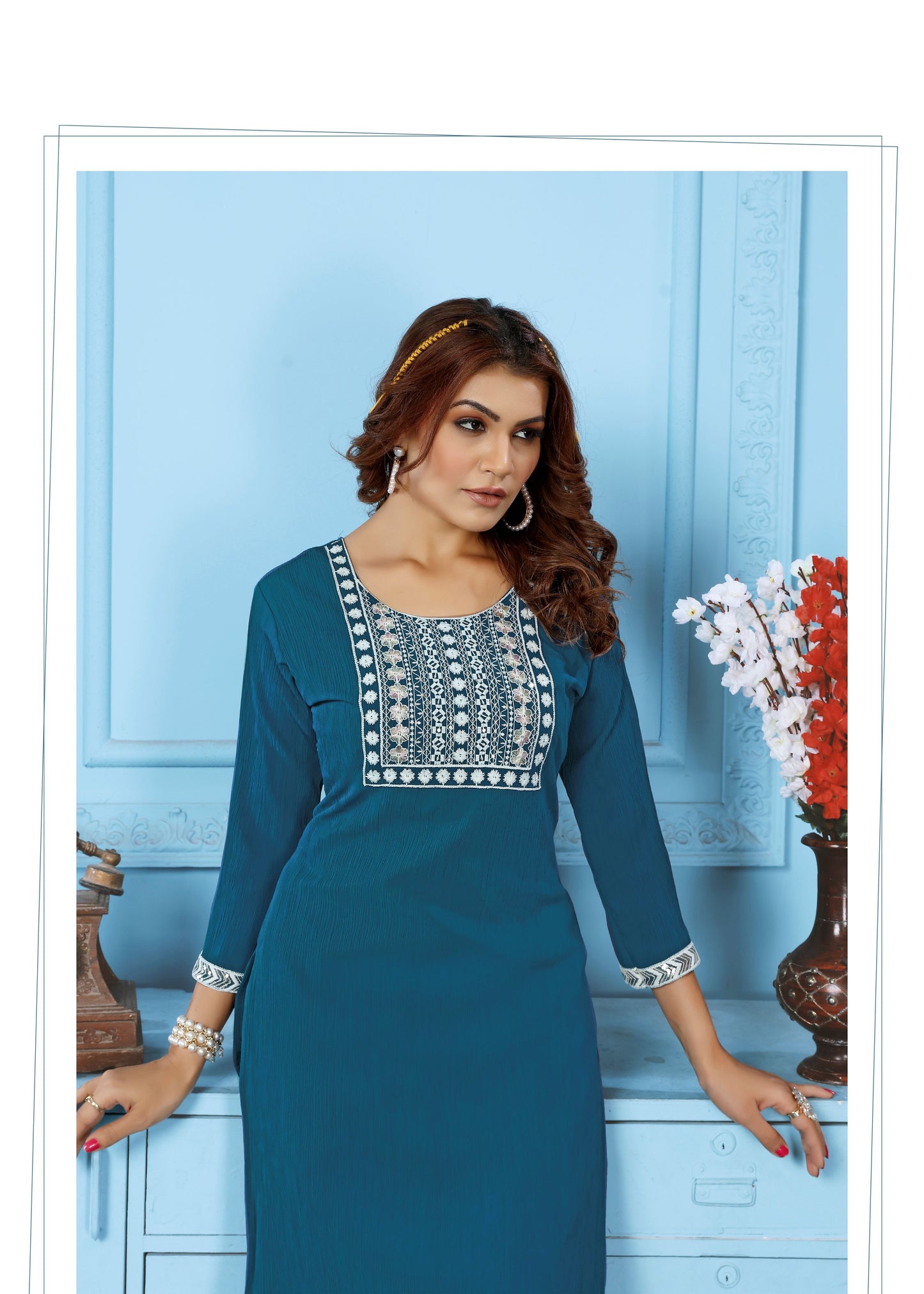 morpich sequins embroidered cotton blend kurti pant set