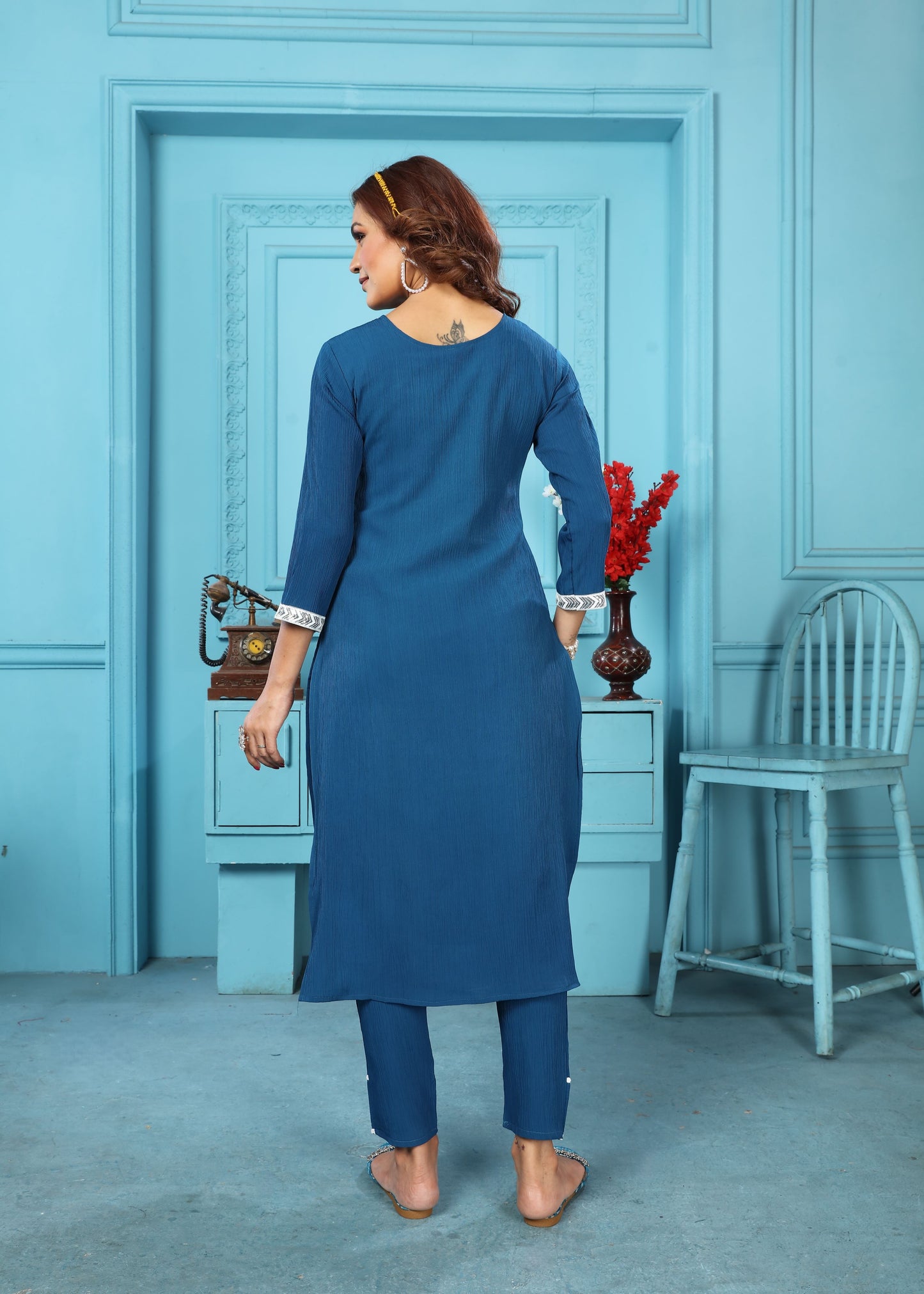 morpich sequins embroidered cotton blend kurti pant set