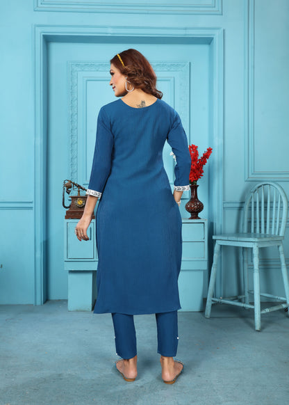 Morpich Sequins Embroidered Cotton Blend Kurti Pant Set