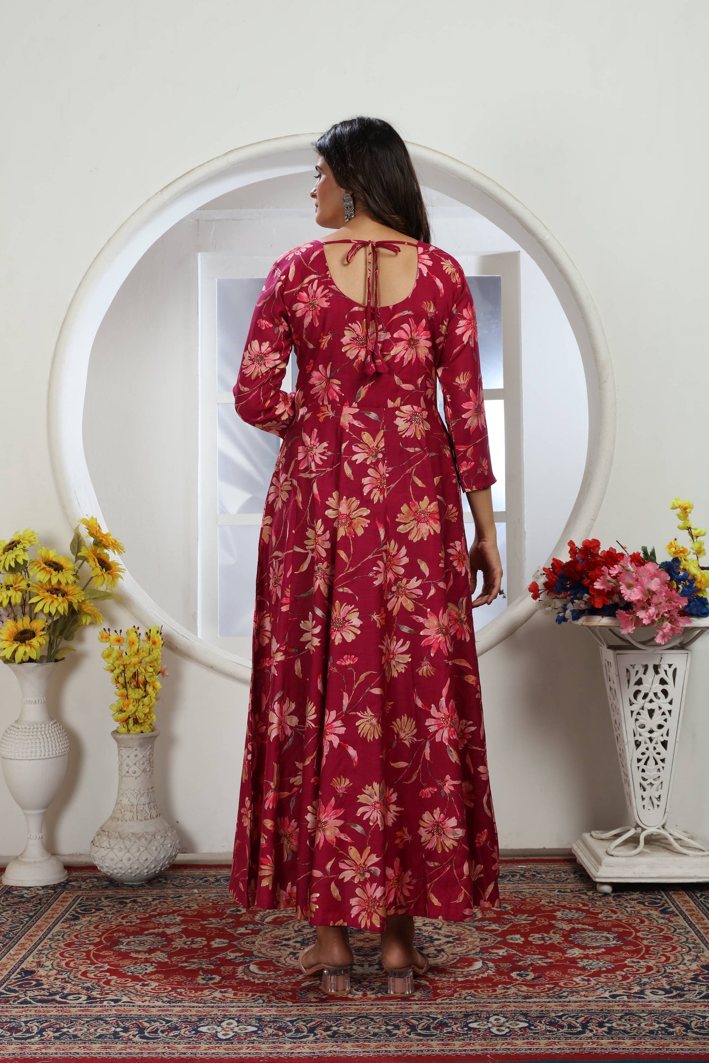 wine floral foil printed chanderi long kurti