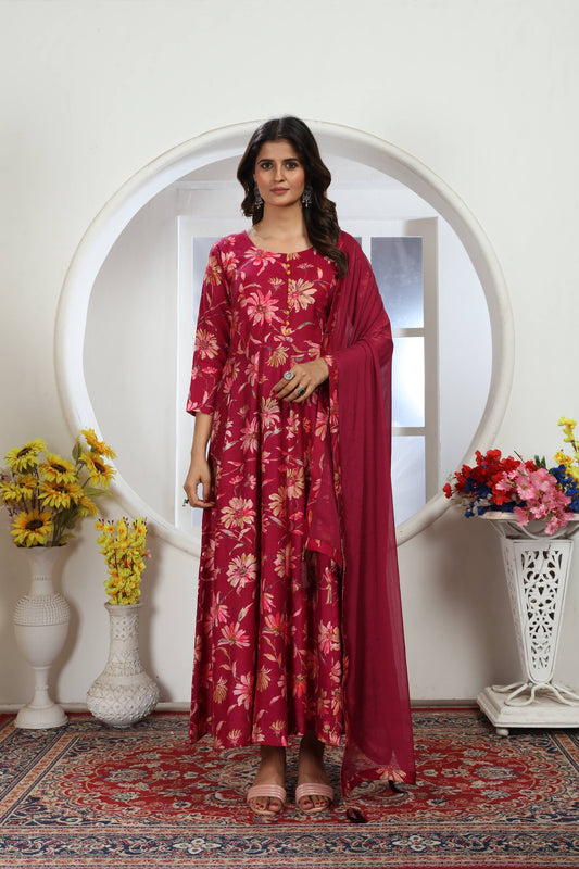 Wine Floral Foil Printed Chanderi Long Kurti