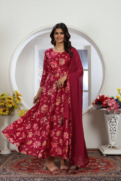 Wine Floral Foil Printed Chanderi Long Kurti