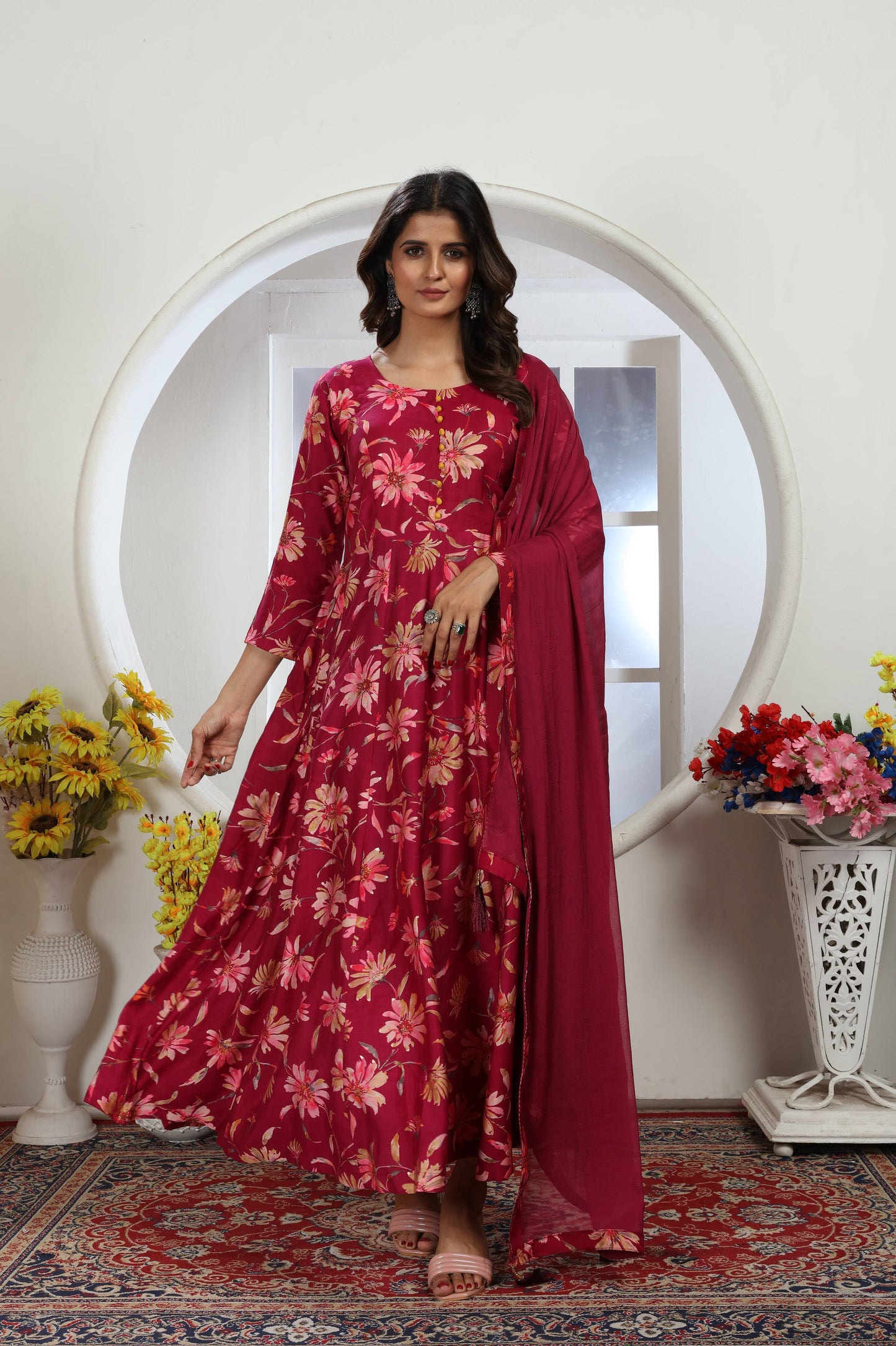 wine floral foil printed chanderi long kurti