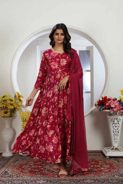 Wine Floral Foil Printed Chanderi Long Kurti