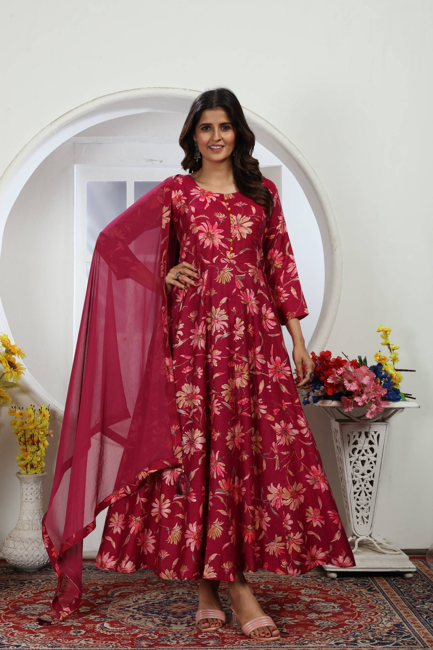 wine floral foil printed chanderi long kurti