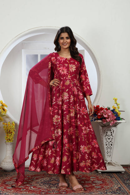 Wine Floral Foil Printed Chanderi Long Kurti