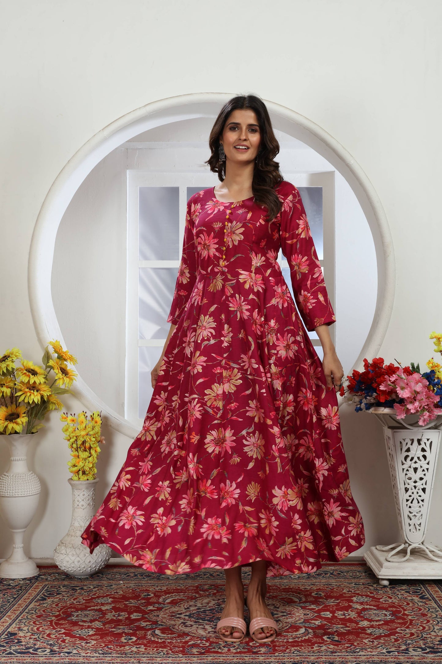 wine floral foil printed chanderi long kurti