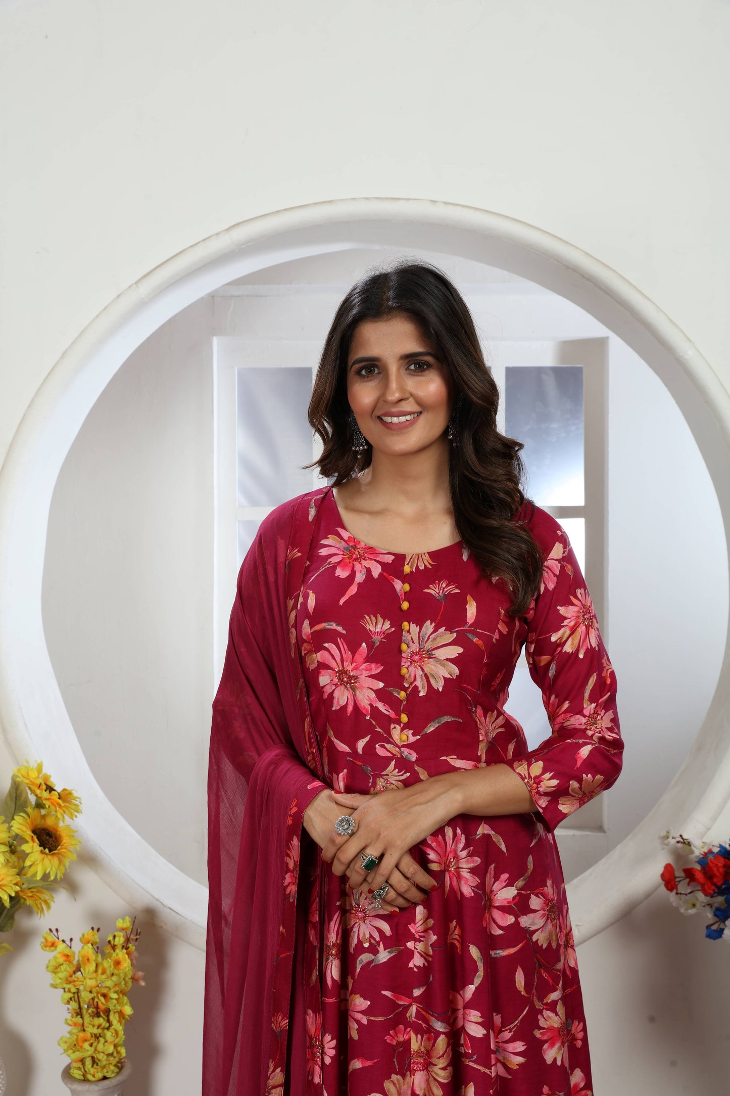 wine floral foil printed chanderi long kurti