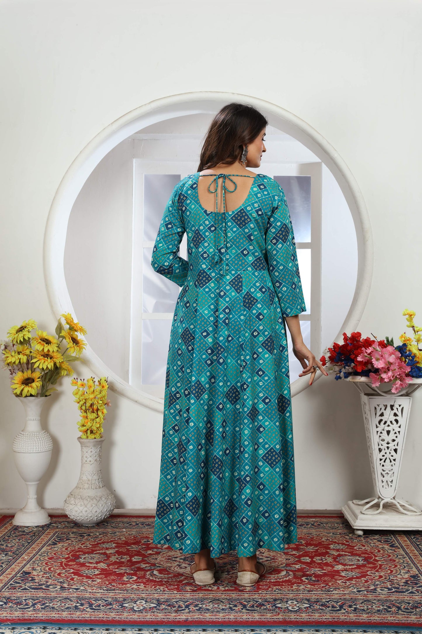 turquoise bandhani foil printed rayon long kurti