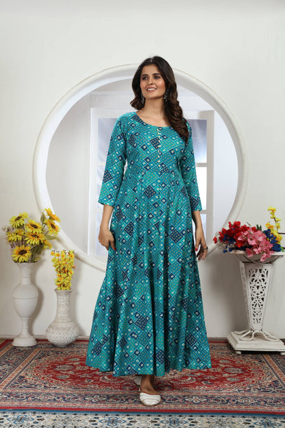 Turquoise Bandhani Foil Printed Rayon Long Kurti