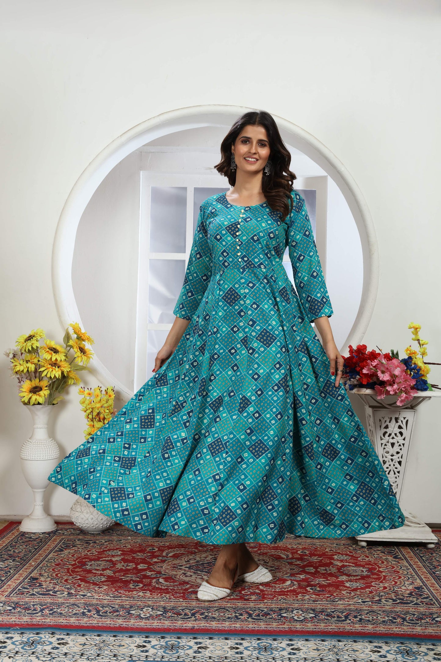 turquoise bandhani foil printed rayon long kurti