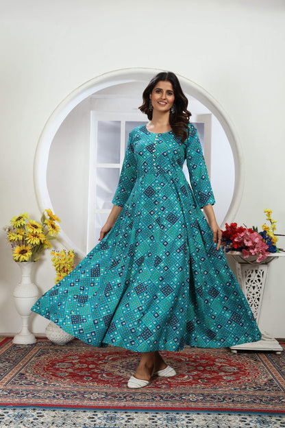 Turquoise Bandhani Foil Printed Rayon Long Kurti