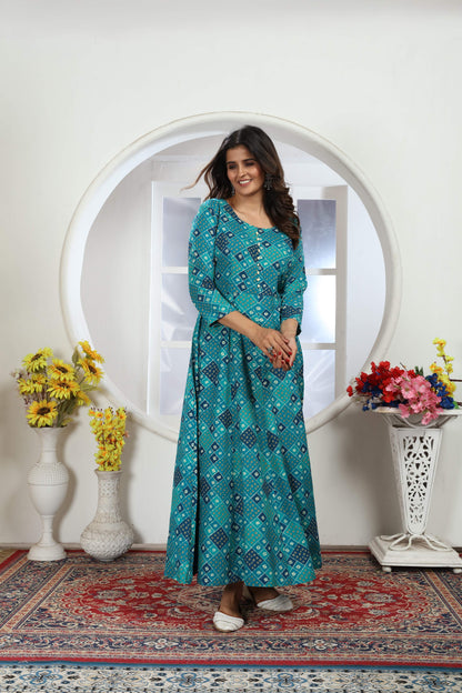 Turquoise Bandhani Foil Printed Rayon Long Kurti