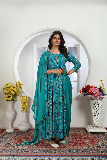 Turquoise Bandhani Foil Printed Rayon Long Kurti