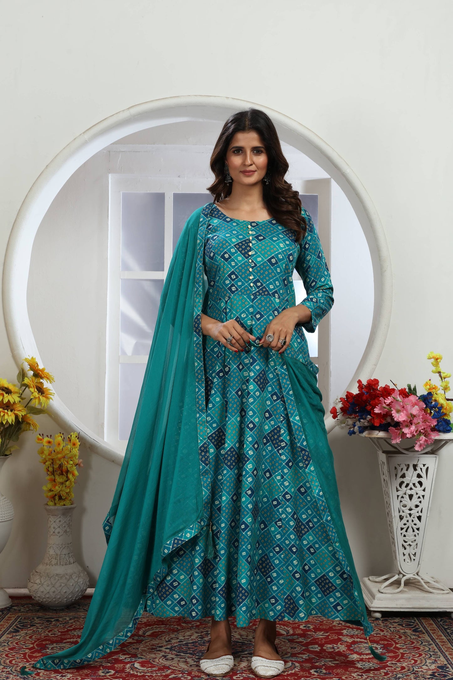 turquoise bandhani foil printed rayon long kurti