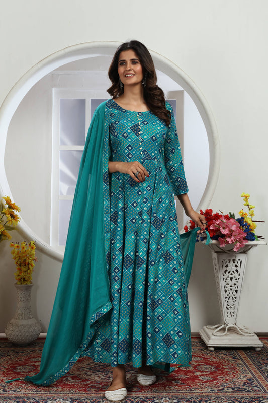 Turquoise Bandhani Foil Printed Rayon Long Kurti