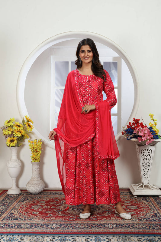 Rani Pink Bandhani Foil Printed Rayon Long Kurti