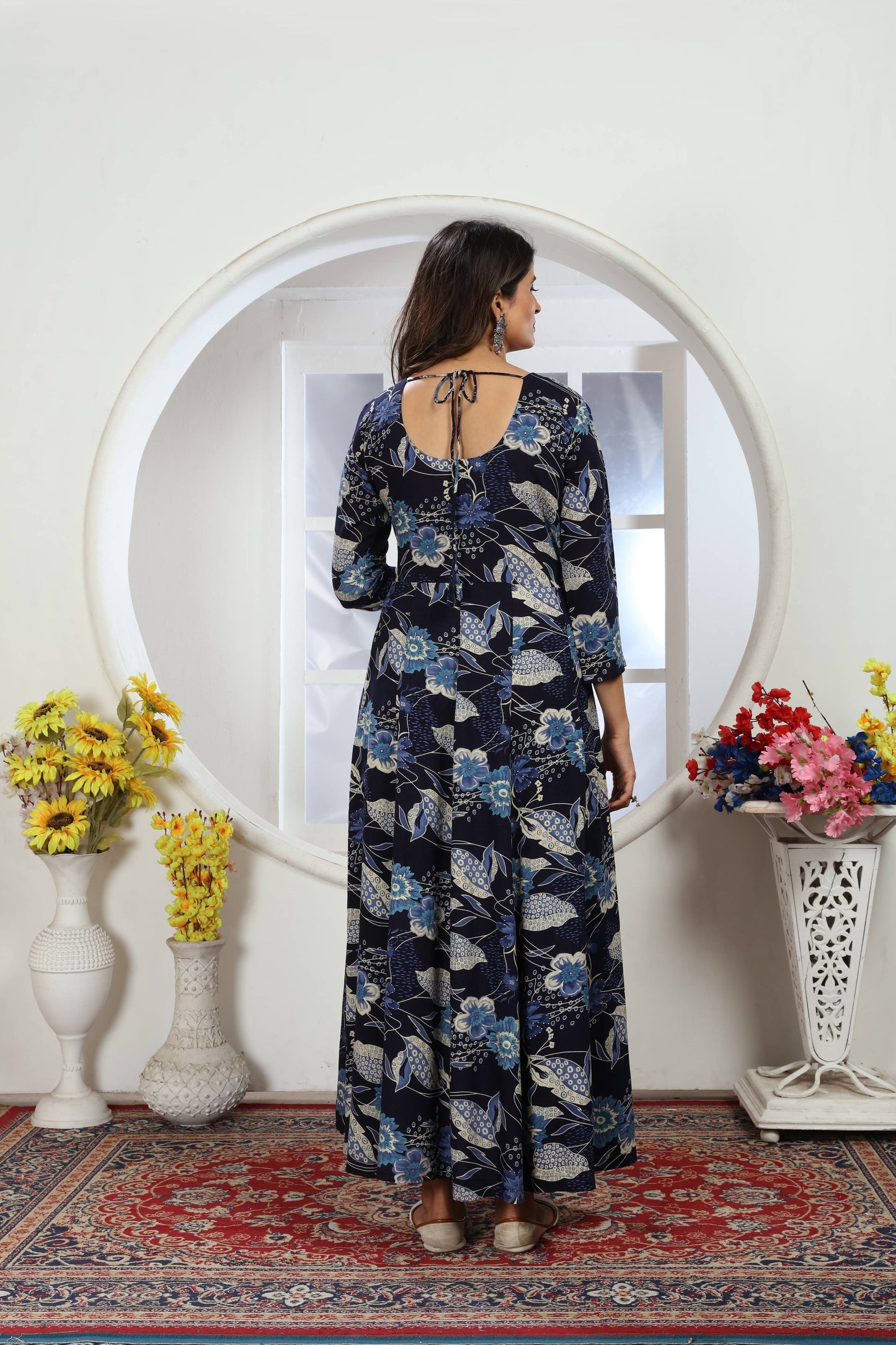 navy blue floral foil printed rayon long kurti