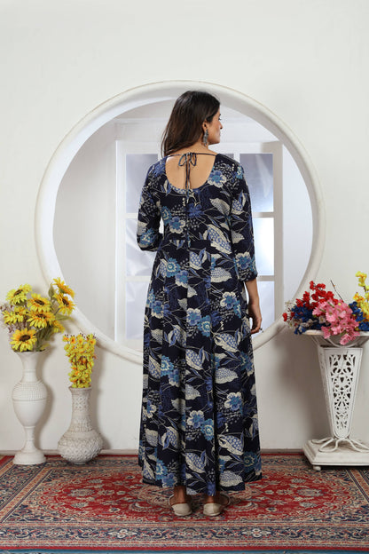 Navy Blue Floral Foil Printed Rayon Long Kurti