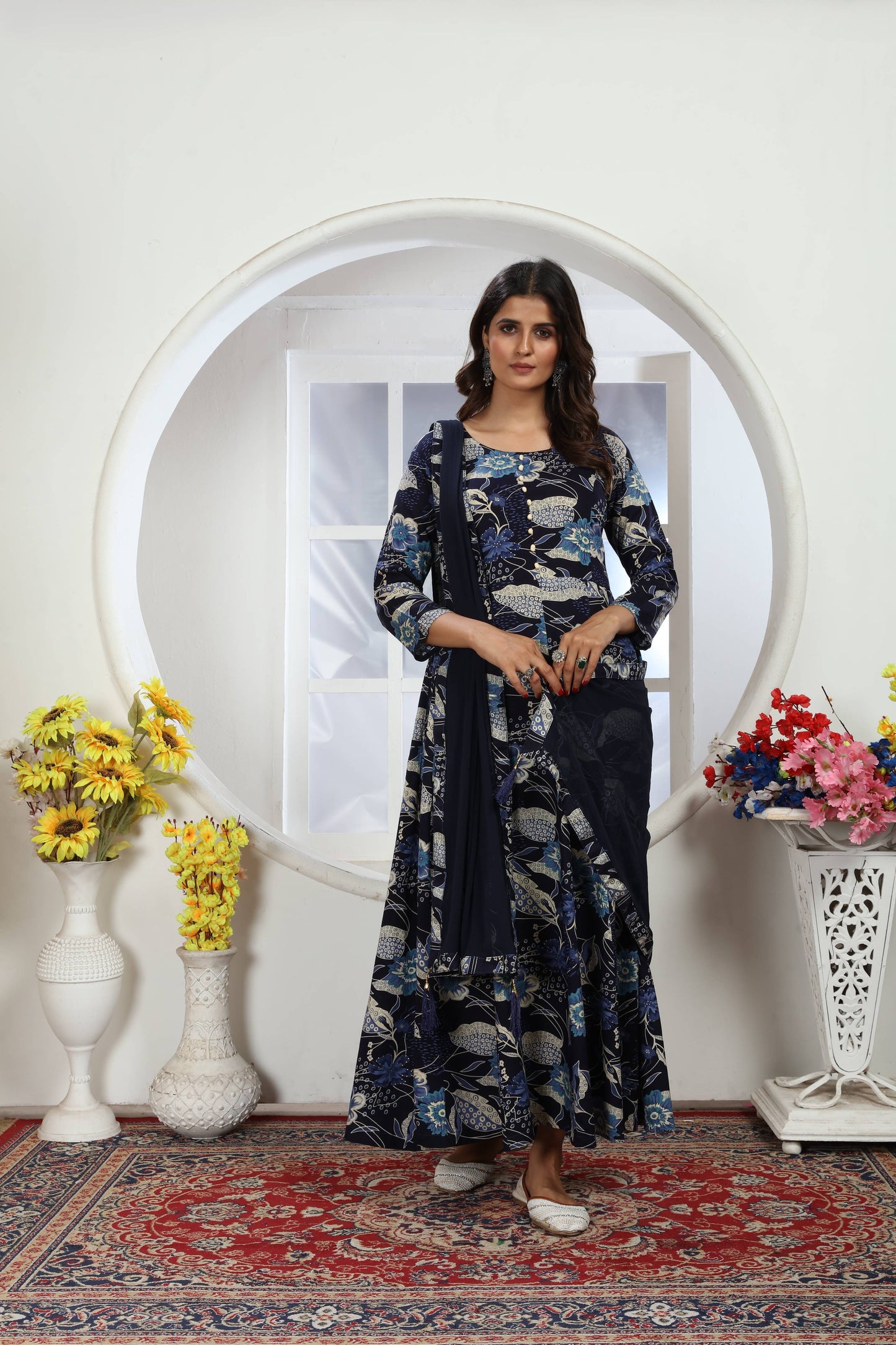 navy blue floral foil printed rayon long kurti