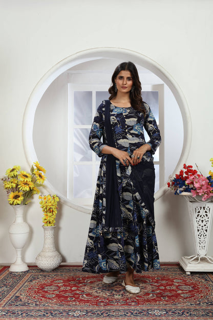 Navy Blue Floral Foil Printed Rayon Long Kurti