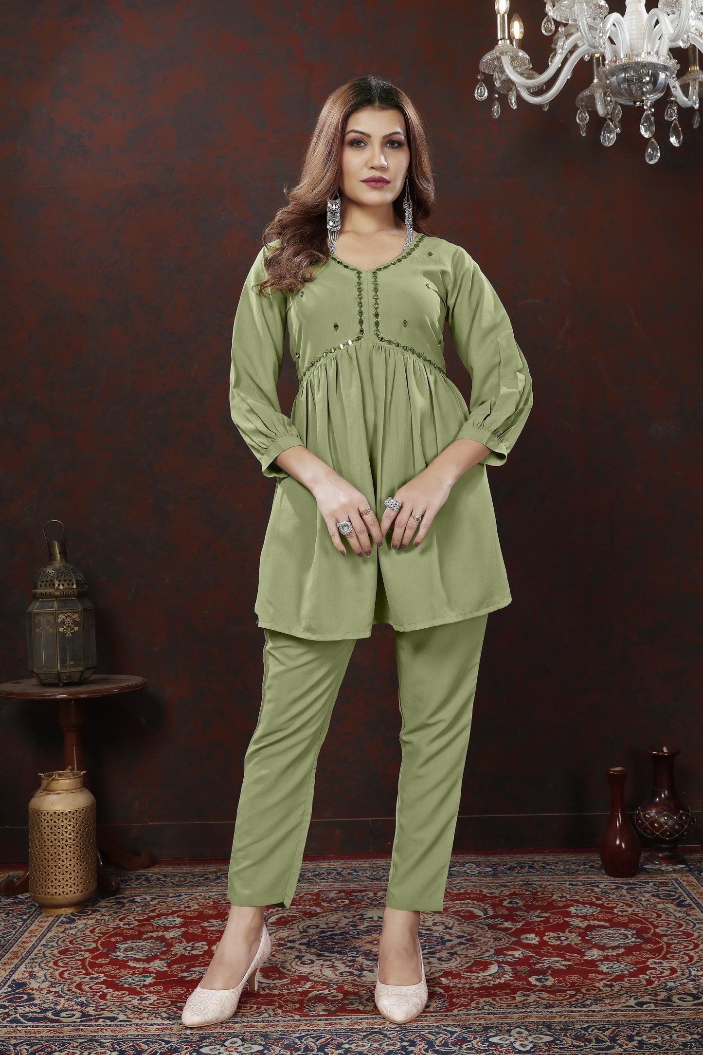 green embroidered cotton blend co ord set